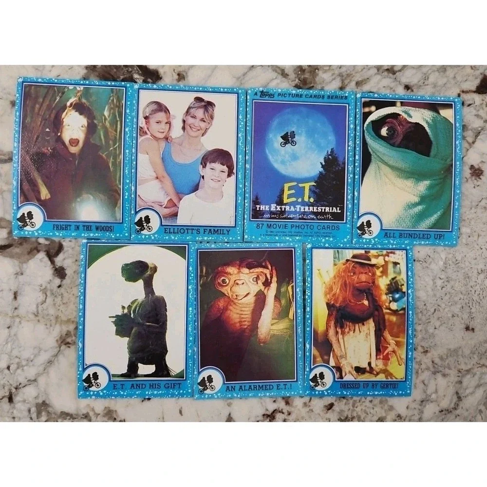 E.T. movie cards (vintage TOPPS, 1982) LOT OF 65 -Drew Barrymore, Spielberg etc.